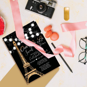 Svarta Paris Eiffel Torn Glitter Ljus Sweet 16 Inbjudningar
