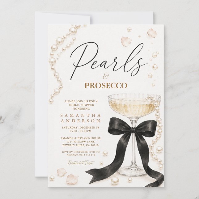 Svarta pärlor & Prosecco Elegant Coquette Inbjudningar (Framsida)