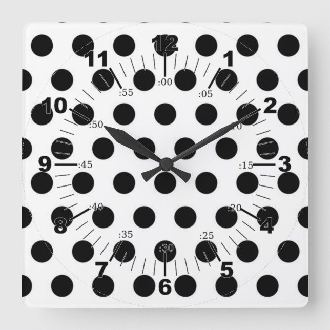 Svarta polka dots på vit bakgrund fyrkantig klocka (Framsida)