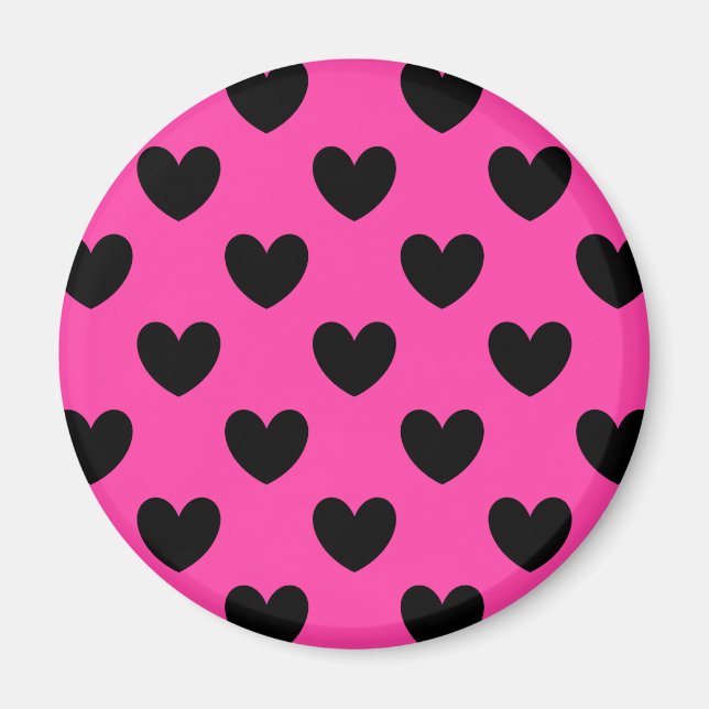 Svarta polkahjärtan på fuchsisk rosa magnet (Framsidan)