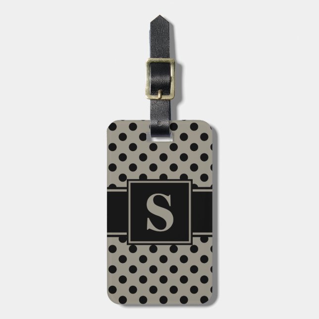 Svarta prickar i aluminium silvergrå på monogram bagagebricka (Vertikal Framsida)