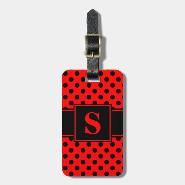 Svarta prickar på röd botten med monogram bagagebricka (Vertikal Framsida)