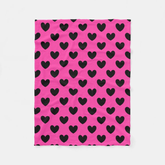 Svarta prickhjärtan på fuchsia rosa fleecefilt (Framsidan)