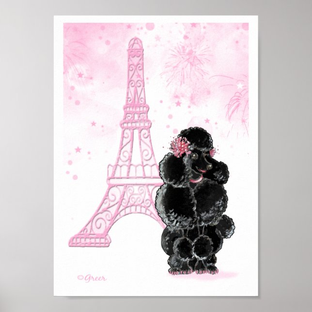 Svarta Pudel med Rosa Eiffel Torn Poster (Framsidan)