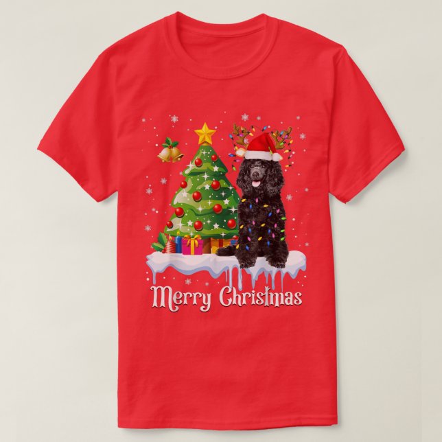Svarta Pudel Santa Julgran Ljus Hund älskare T Shirt (Design framsida)