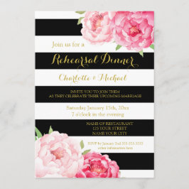 Svarta Rand Rosa Blommigt Rehearsal Middag Party Inbjudningar