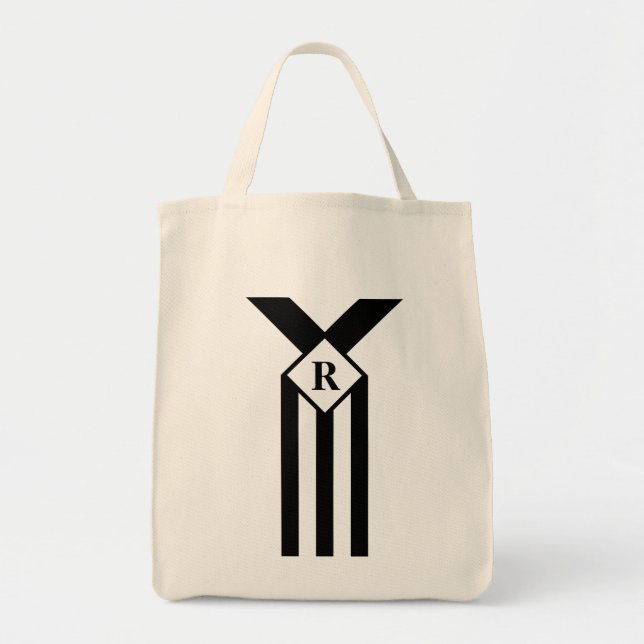 Svarta ränder och v-chevrons med monogram på vit b tygkasse (Framsidan)