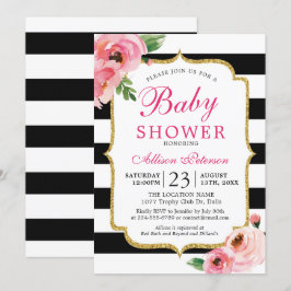 Svarta randiga rosa blommig baby shower-inbjudan inbjudningar