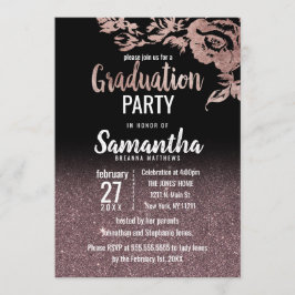 Svarta Ro Guld Glitter Blommigt Studenten Inbjudningar