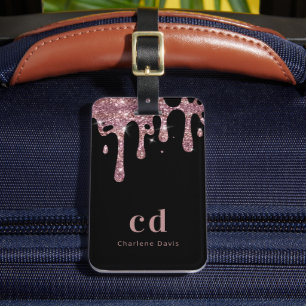 Svarta ro guld, glitter, droppar i monogram namn bagagebricka