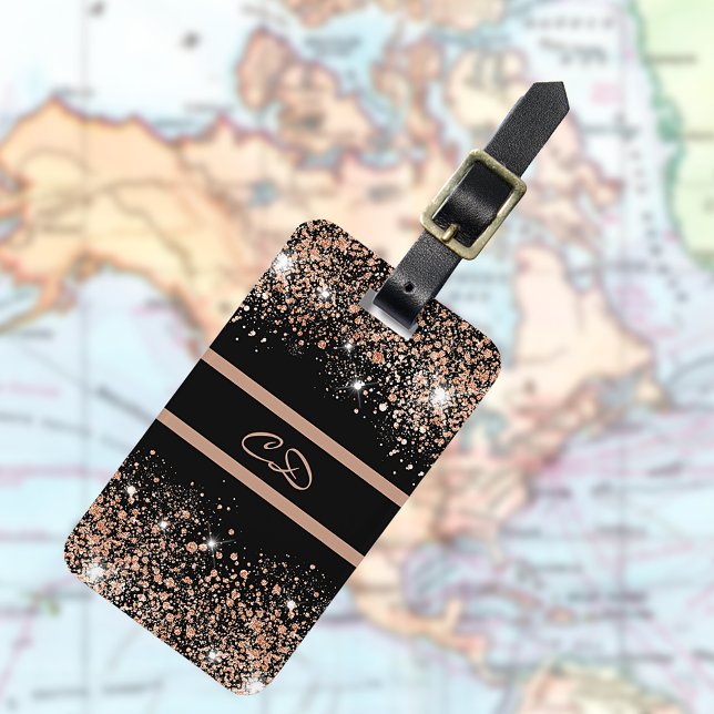 Svarta ro guld, glitter, monogram initialer bagagebricka (Skapare uppladdad)