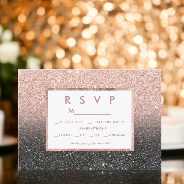 Svarta ro guld glitter OSA bröllop Kort (Black rose gold glitter ombre RSVP wedding)