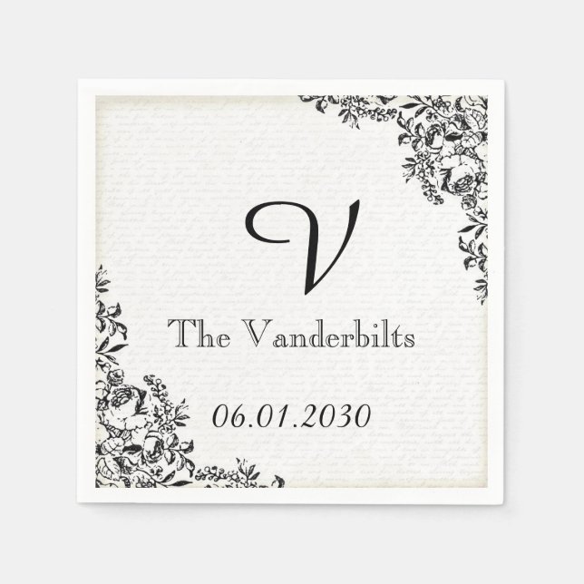 Svarta Ro Kärlek Brev Monogram Bröllop Pappersservett (Framsidan)