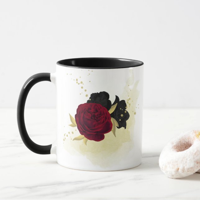 svarta röda blommor gyllene blad mugg (Med munk)