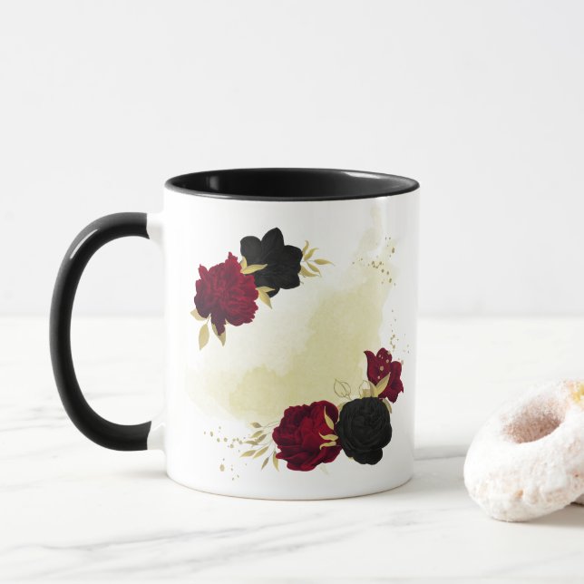 svarta röda blommor gyllene blad mugg (Med munk)