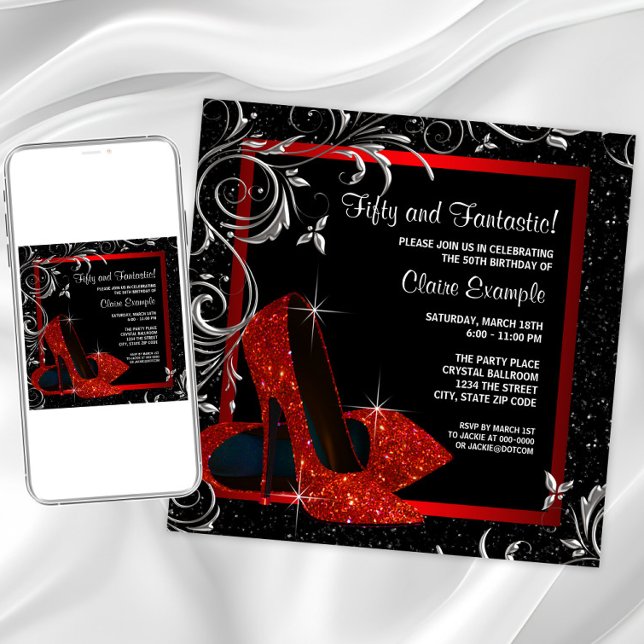Svarta röda glitterklackar Höga klackar Kvinnors f Inbjudningar (Black and red shoe any event invitation. Instant download and printed invitations available.)