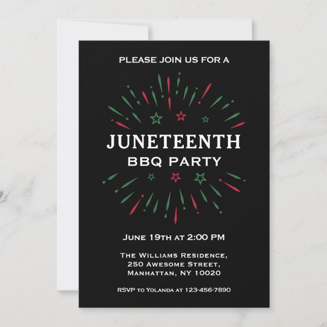 Svarta Röda Gröna Fyrverkerier Juneteenth Grillfes Inbjudningar (Framsida)