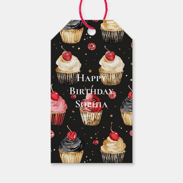 Svarta Röda Guld Glamour Cupcakes Födelsedag Presentetikett (Framsidan)