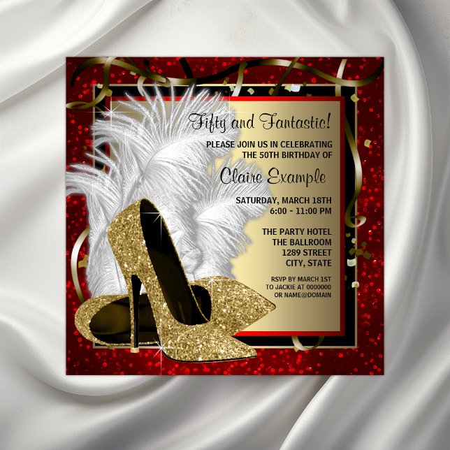 Svarta, röda och gyllene höga klackar födelsedagsf inbjudningar (Elegant red and gold any number or event invitation. Simply add your event details.)