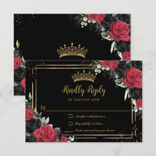 Svarta Röda Rosor Blommig Guld Quinceañera Sweet 1 OSA Kort