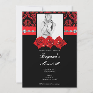 Svarta Röda Rosor Damask Sweet 16 Fotoinbjudan Inbjudningar