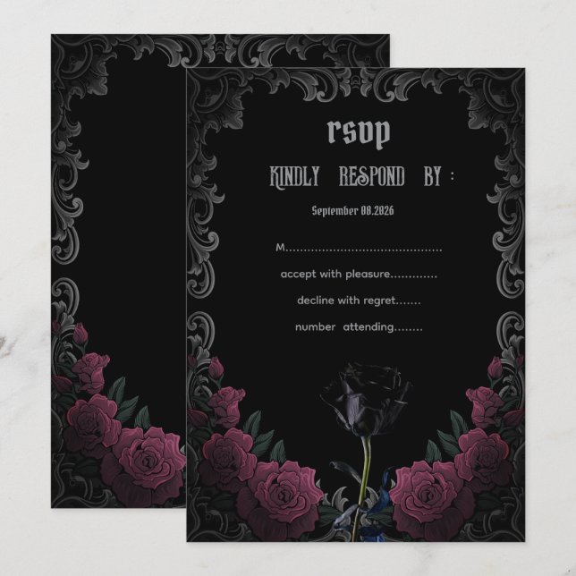 Svarta röda rosor gotisk RSVP Inbjudningar (Fram/baksida)