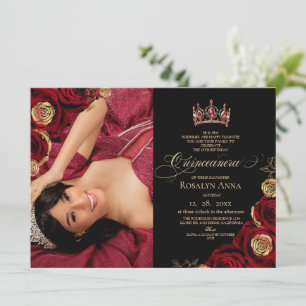 Svarta Röda Rosor Princess Quinceañera Inbjudningar