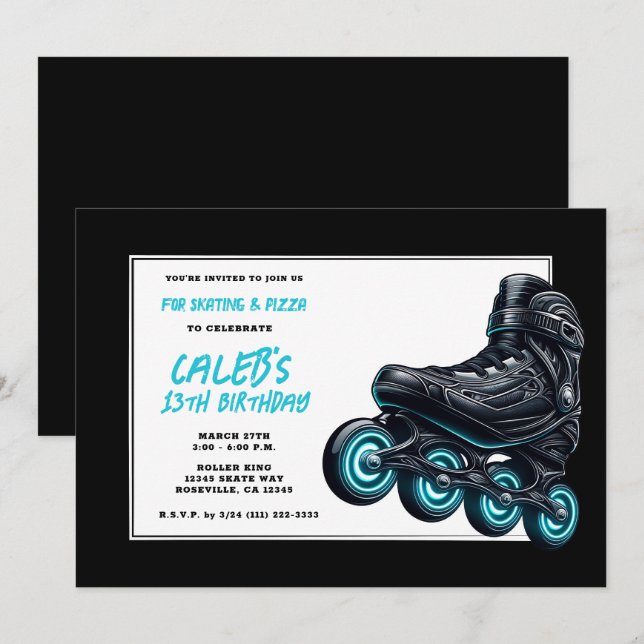 Svarta Rollerblades Blå Glödhjul Födelsedagsfest Inbjudningar (Fram/baksida)