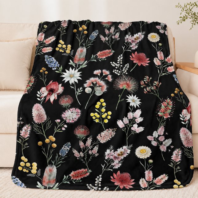 Svarta Romantiska Melankoliska Akvatiska Vildblomm Fleecefilt (Skapare uppladdad)