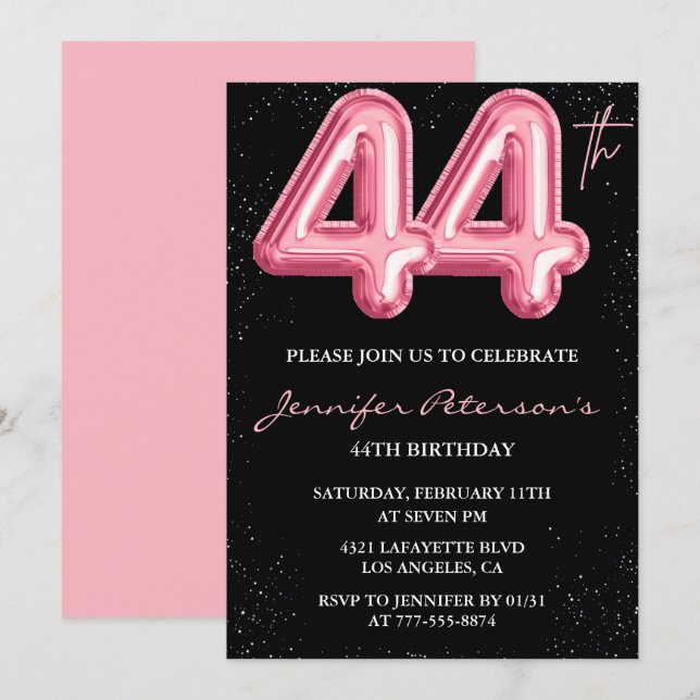 Svarta rosa 44-års inbjudningar Ballong Glam  (Fram/baksida)