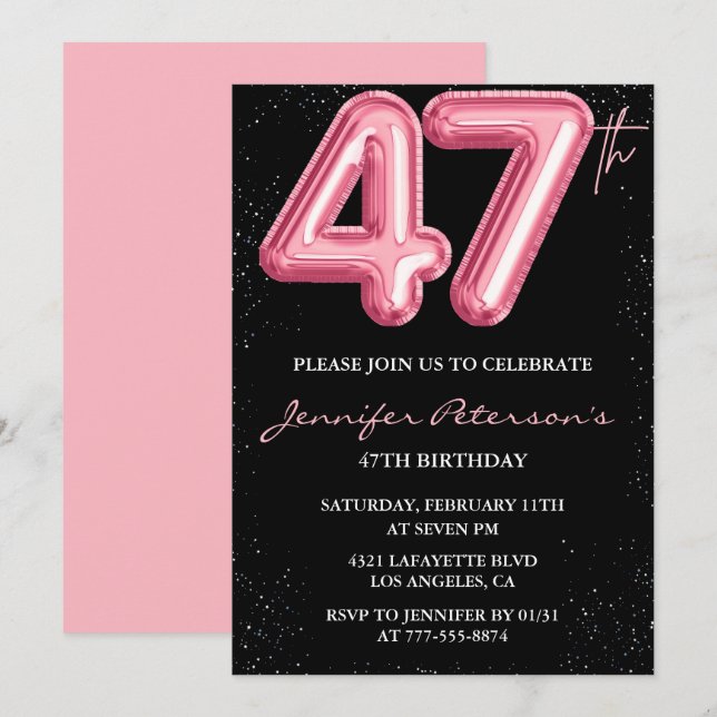 Svarta Rosa 47-års inbjudningar Ballong Glam  (Fram/baksida)