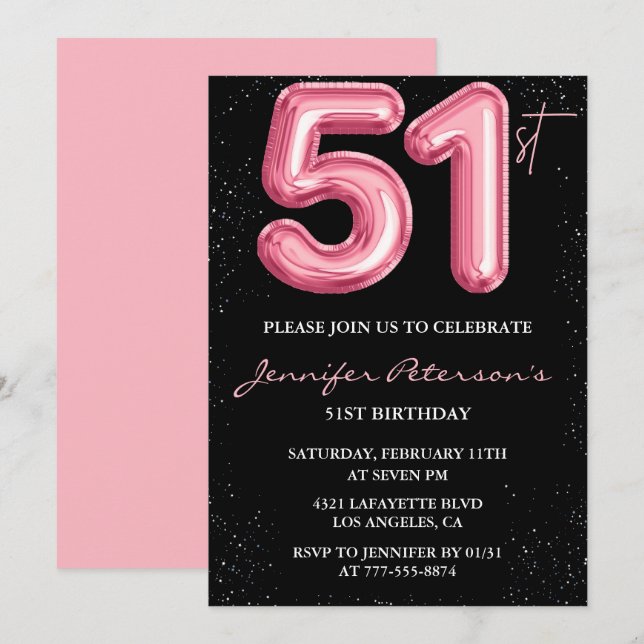 Svarta rosa 51-års födelsedagsinbjudningar Ballong Inbjudningar (Fram/baksida)