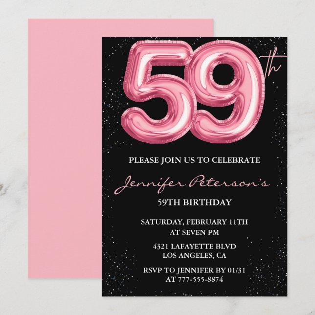 Svarta rosa 59-års inbjudan Ballong Glam  (Fram/baksida)