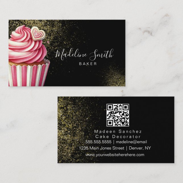 Svarta Rosa Bageri Glitter Cupcakes QR-kod Visitkort (Fram/baksida)
