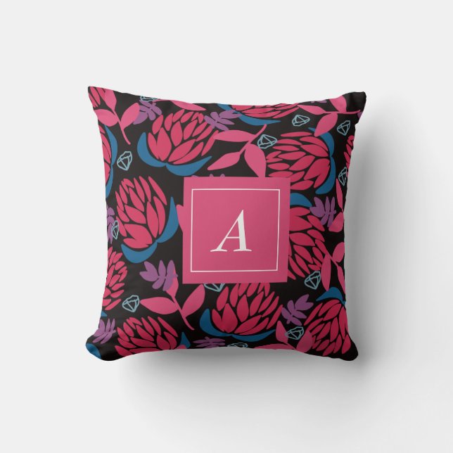 Svarta rosa blommor eleganta monogram kudde (Framsida)