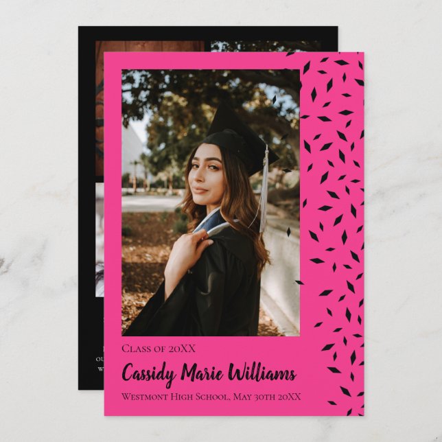 Svarta Rosa Confetti Studenten-meddelande Inbjudningar (Fram/baksida)