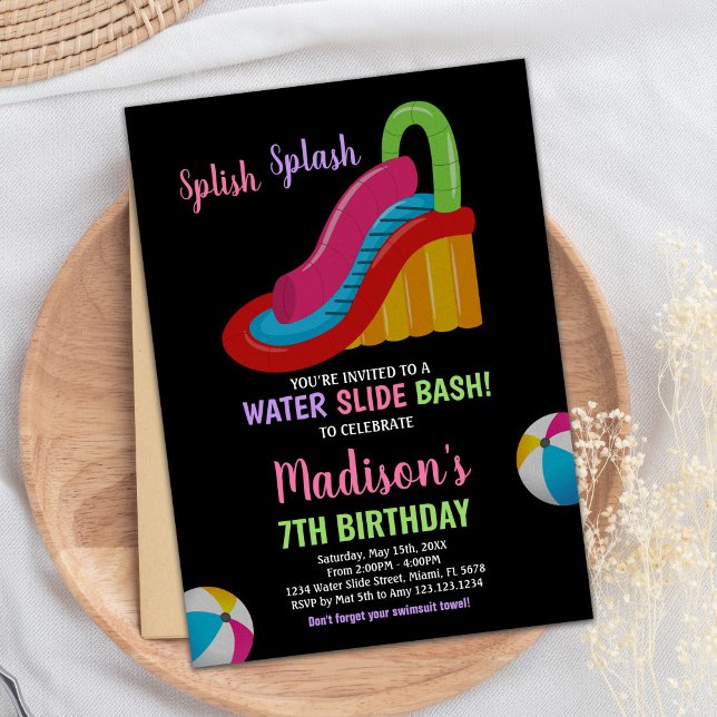 Svarta Rosa Färg Vattenrutschbana Födelsedagsinbju Inbjudningar (Colors Black Pink Water Slide Birthday Invitations)
