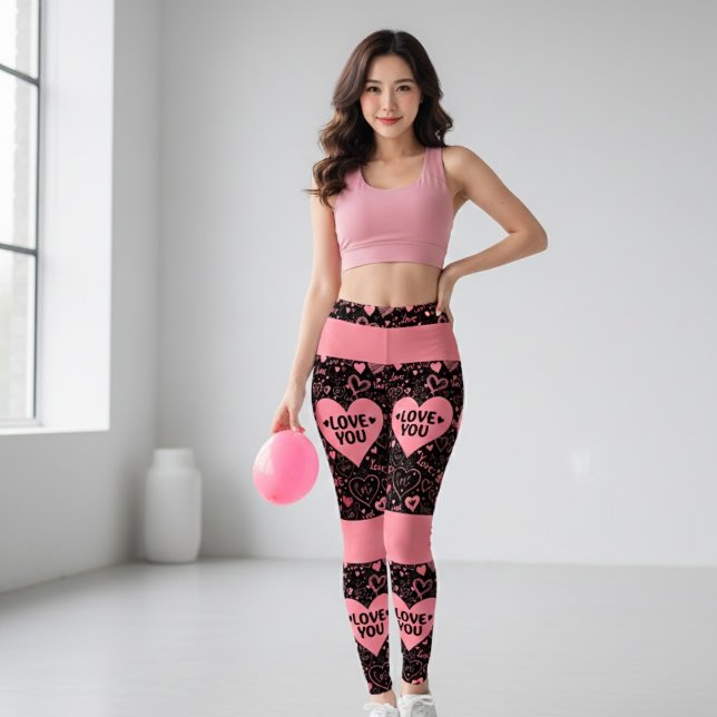 Svarta & rosa 'LOVE YOU' Grafiska Leggings (Skapare uppladdad)
