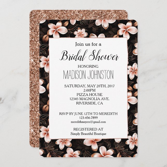 Svarta  Rosa ros Guld Blommigt Möhippa Inbjudningar (Fram/baksida)