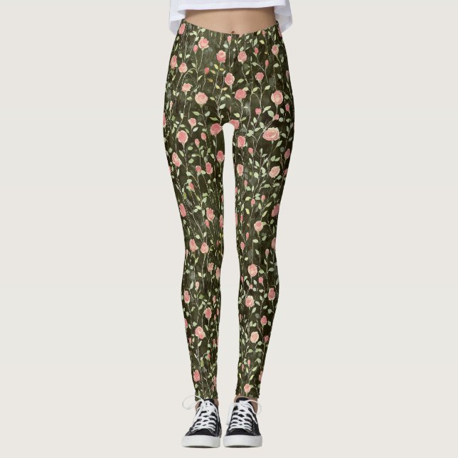 Svarta Rosa Rosor Blommig Leggings (Framsida)