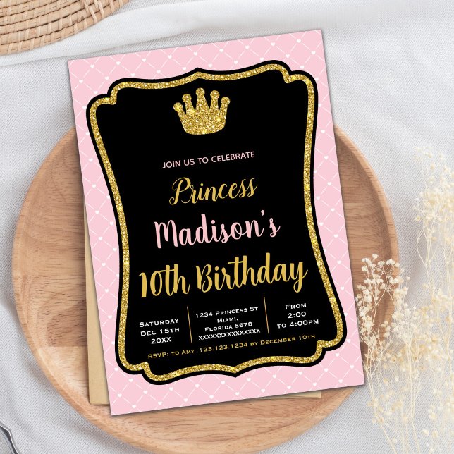 Svarta Rosan Krona prinsessans inbjudningar (Black Pink Fram Crown Princess Invitations)