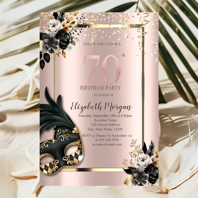 Svarta Rosers Maskerad Konfetti Roséguld 70-årsdag Inbjudningar (Skapare uppladdad)