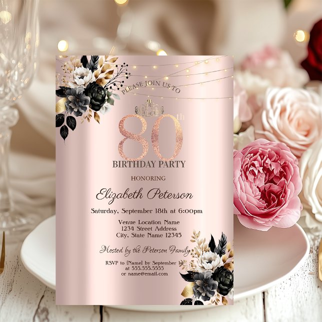 Svarta Rosor Glittrande Rosa Guld 80-årsdag   Inbjudningar (Skapare uppladdad)