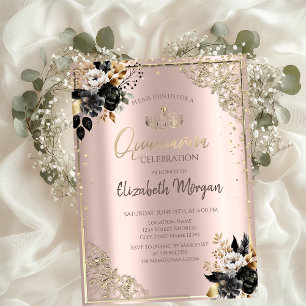 Svarta rosor, Tiara, Diamanter Rosa Guld Quinceañe Inbjudningar