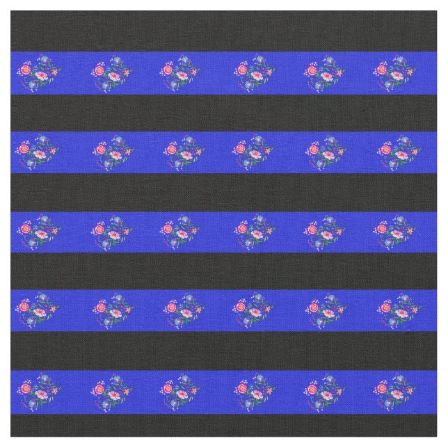 Svarta, Royal blå folkblomma rand Tyg (Närbild)