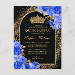 Svarta Royalet Blue Guld Glitter Blommigt Quincean Inbjudan Vykort