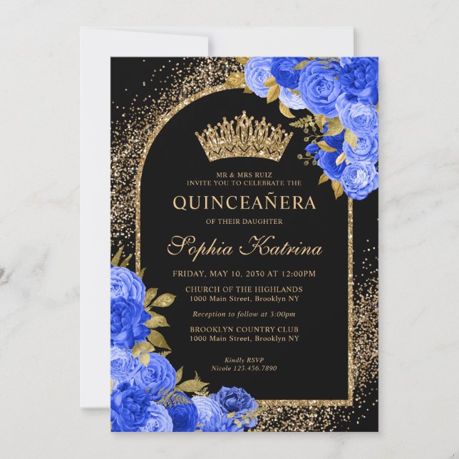 Svarta Royalet Blue Guld Glitter Blommigt Quincean Inbjudningar (Framsida)