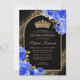 Svarta Royalet Blue Guld Glitter Blommigt Quincean Inbjudningar