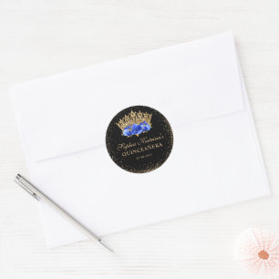 Svarta Royalet Blue Guld Glitter Blommigt Quincean Runt Klistermärke