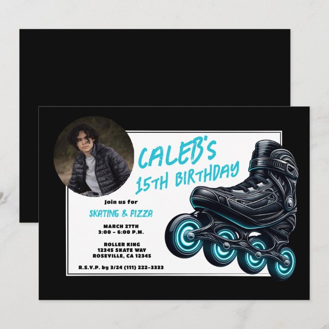 Svarta rullskridskor Blå lysande hjul Födelsedagsf Inbjudningar (Fram/baksida)